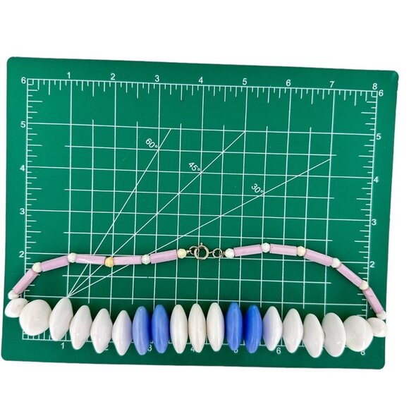 Chunky Disc White & Blue Beaded Resin Pink Straws Collar Necklace 18" - Picture 8 of 8